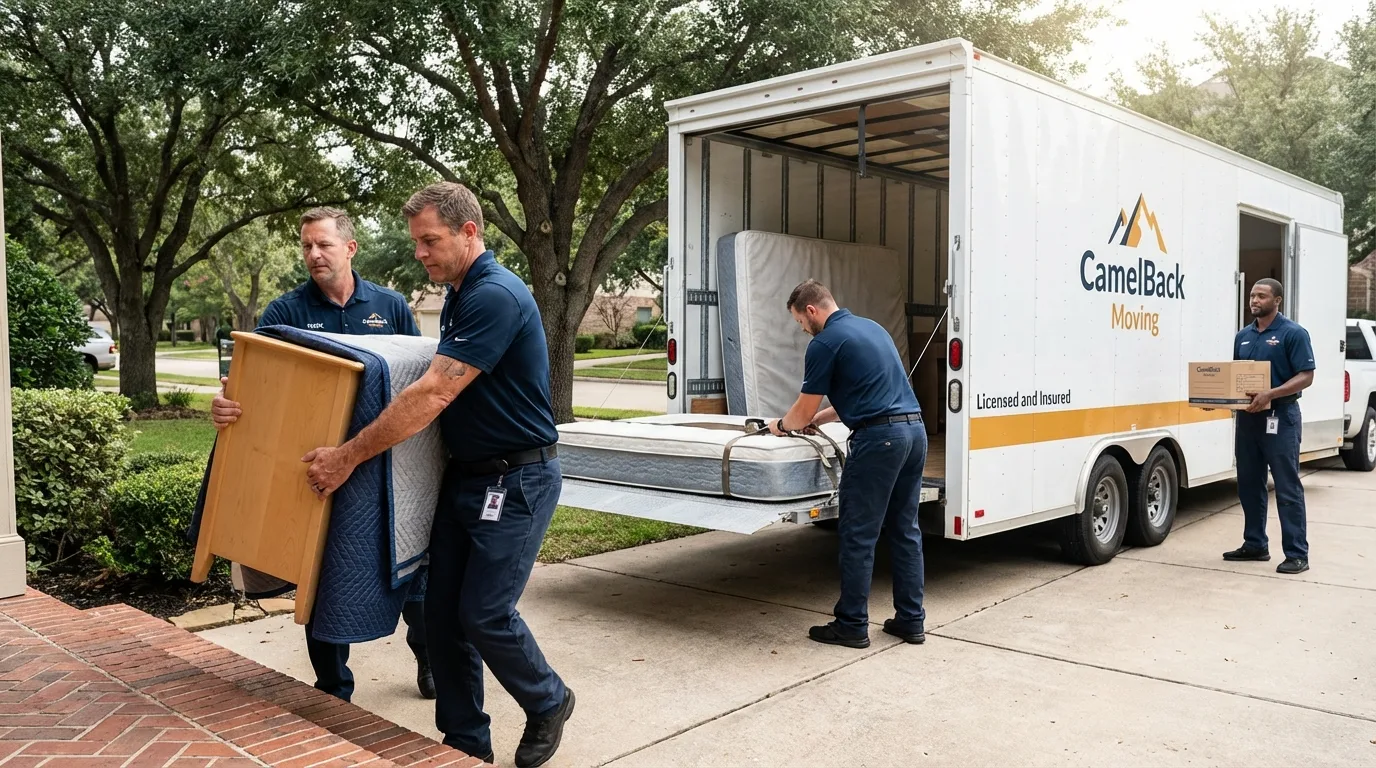 Crew loading residential truck for cross-state move from Beach, ND