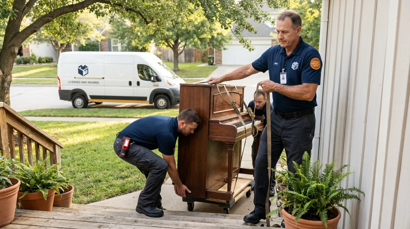 Licensed piano movers securing grand piano in Beach, ND