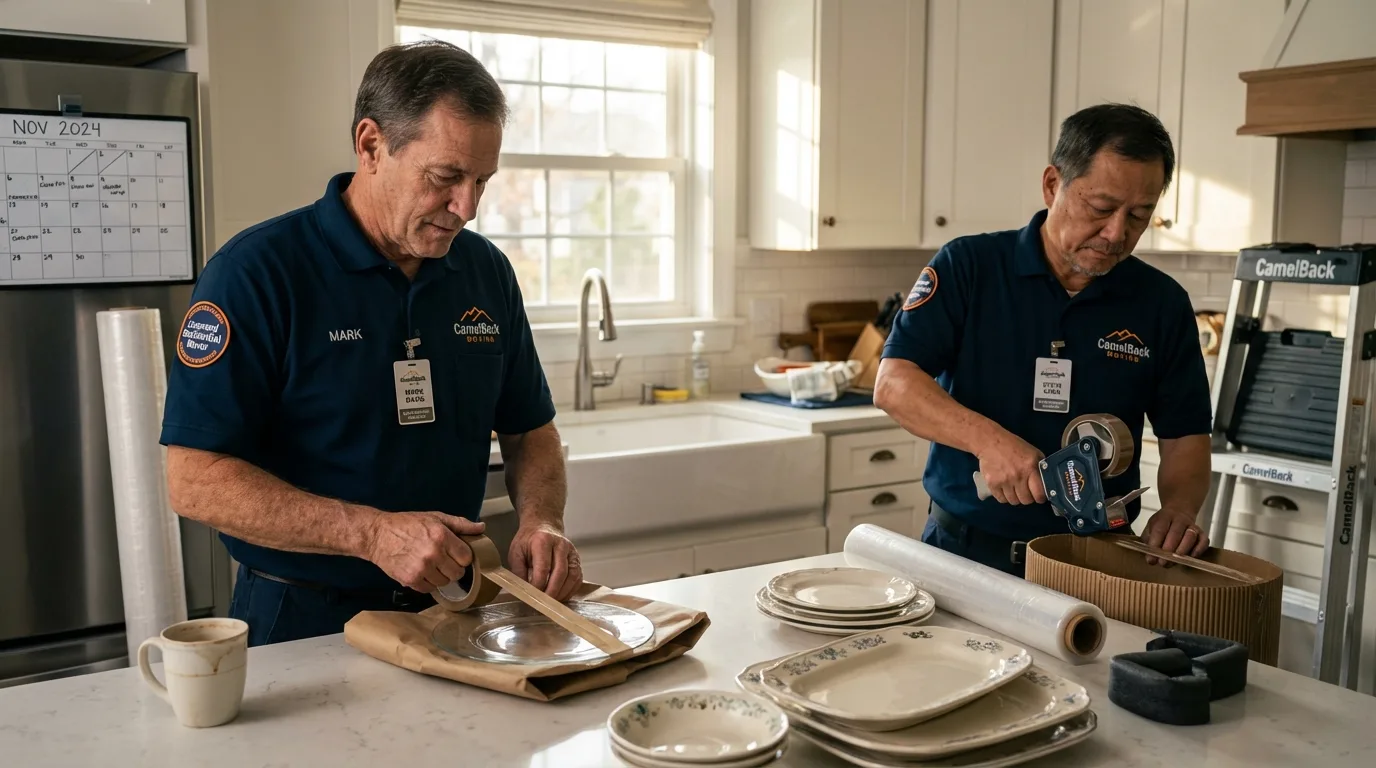 Professional crew packing kitchen dishware in Beach, ND